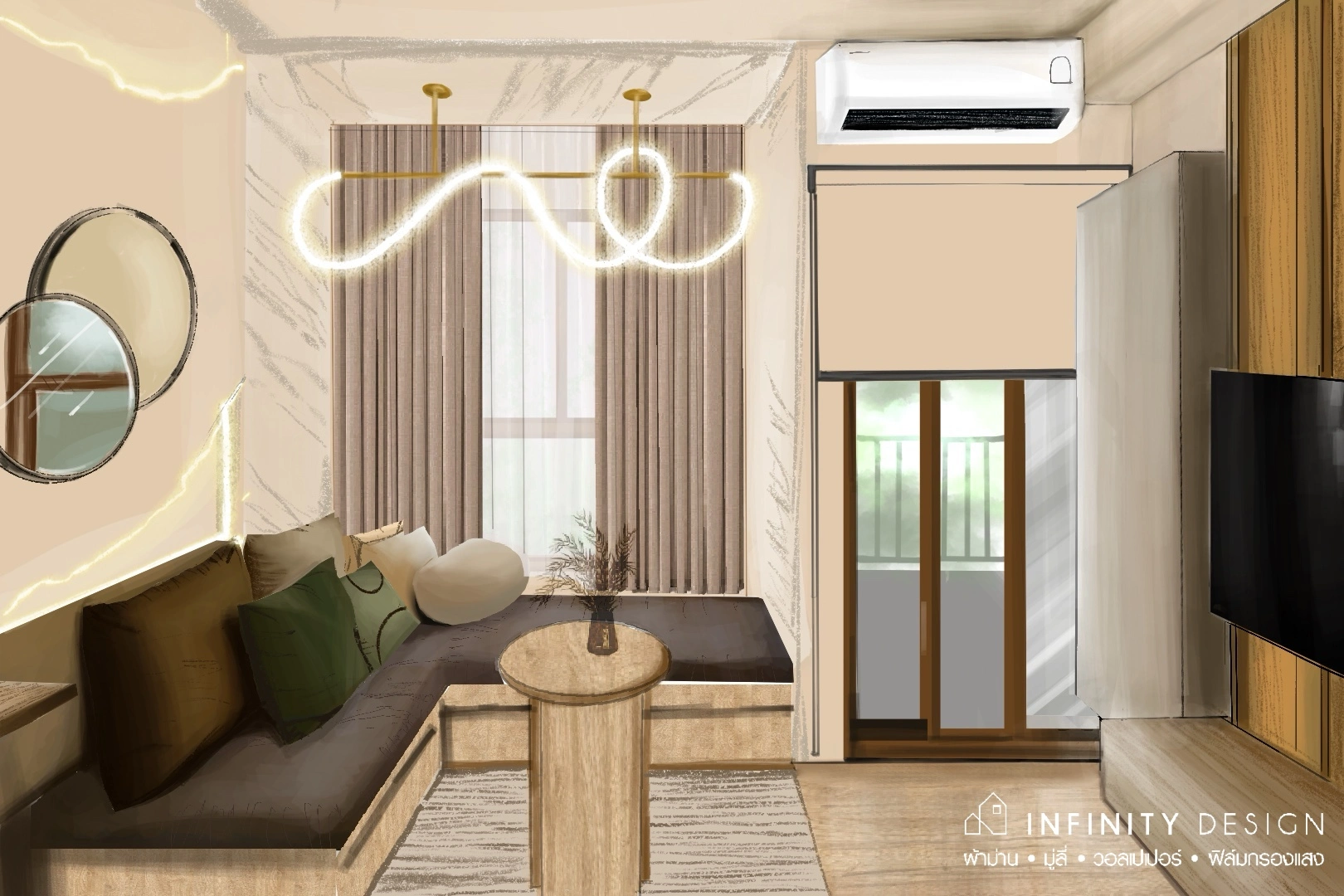 21 sq.m ตกแต่งด้วยผ้าม่าน 2 ชั้น + ติดม่านม้วนกันแสง 100% ประหยัดพื้นที่ ไม่อมฝุ่น ทำความสะอาดง่าย