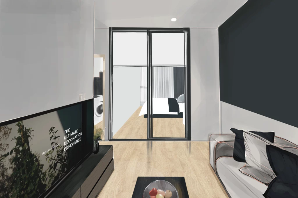 1 Bedroom : 28 sq.m. Skyrise ม่านม้วนกั้นห้อง ดึงเก็บไม่เกะกะสายตา ติดวอลเปเปอร์ไฮไลท์ผนัง