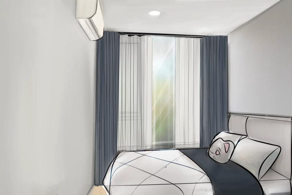 1 Bedroom : 28 sq.m. Skyrise ติดผ้าม่าน 2ชั้น ผ้าม่านโปร่ง ผ้าม่านกันแสง