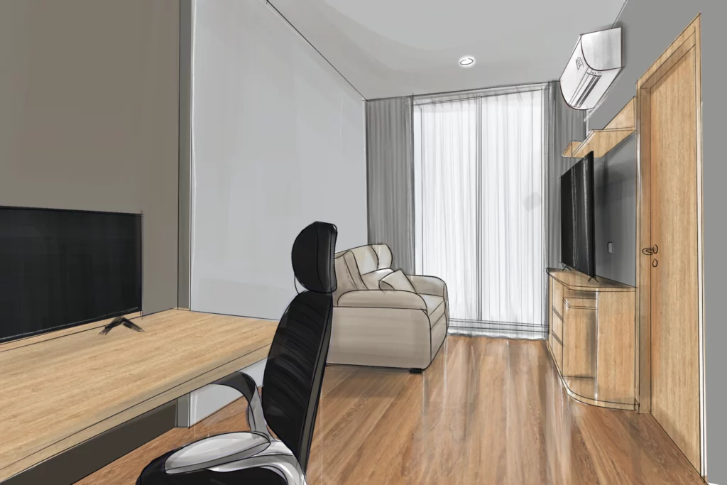1 Bedroom : 35 sq.m. Skyrise ติดผ้าม่าน 2ชั้น ผ้าม่านโปร่ง ผ้าม่านกันแสง