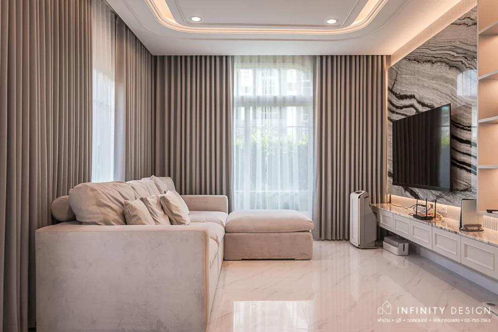 มุมนั่งเล่นตกแต่งด้วยผ้าม่านลอน @ Grandio สุขสวัสดิ์-พระราม 3 | Infinity Design มุมนั่งเล่นตกแต่งด้วยผ้าม่านลอน @ Grandio สุขสวัสดิ์-พระราม 3