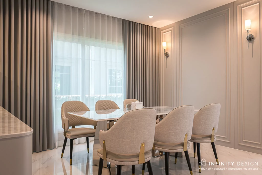 มุมรับประทานอาหารตกแต่งด้วยผ้าม่านสีเทา @ Grandio สุขสวัสดิ์-พระราม 3 | Infinity Design มุมรับประทานอาหารตกแต่งด้วยผ้าม่านสีเทา @ Grandio สุขสวัสดิ์-พระราม 3