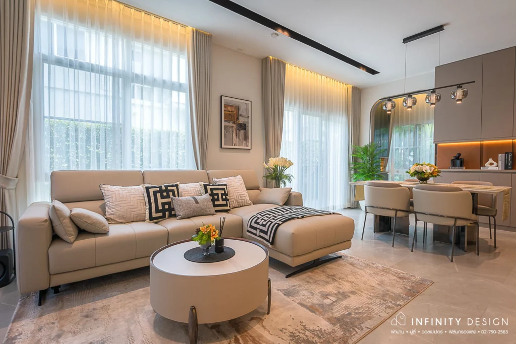 มุมนั่งเล่นตกแต่งด้วยผ้าม่าน 2 ชั้น @ มัณฑนา บางนา-วงแหวน | Infinity Design มุมนั่งเล่นตกแต่งด้วยผ้าม่าน 2 ชั้น @ มัณฑนา บางนา-วงแหวน