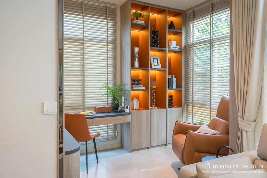 มุมทำงานตกแต่งด้วยมู่ลี่ไม้ @ มัณฑนา บางนา-วงแหวน | Infinity Design มุมทำงานตกแต่งด้วยมู่ลี่ไม้ @ มัณฑนา บางนา-วงแหวน