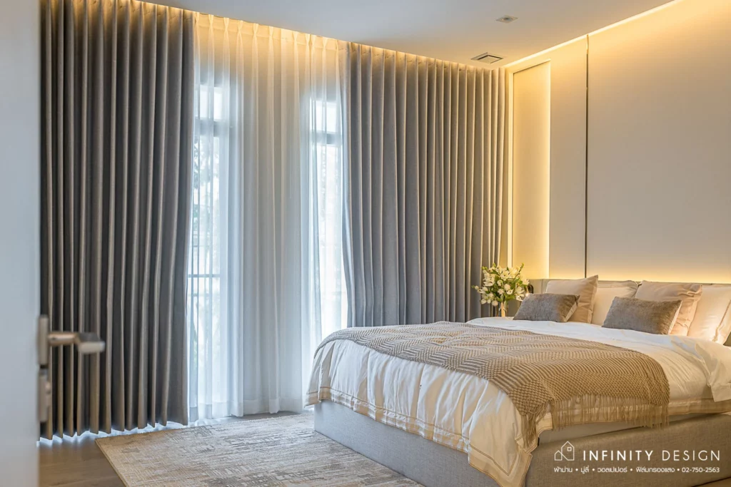 ห้องนอนตกแต่งด้วยผ้าม่าน Blackout @ มัณฑนา บางนา-วงแหวน | Infinity Design ห้องนอนตกแต่งด้วยผ้าม่าน Blackout @ มัณฑนา บางนา-วงแหวน