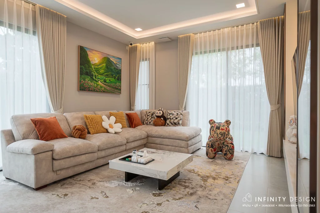 มุมนั่งเล่น ตกแต่งด้วยผ้าม่าน 2 ชั้น @ มัณฑนา บรมฯ-ทวีวัฒนา | Infinity Design มุมนั่งเล่น ตกแต่งด้วยผ้าม่าน 2 ชั้น @ มัณฑนา บรมฯ-ทวีวัฒนา