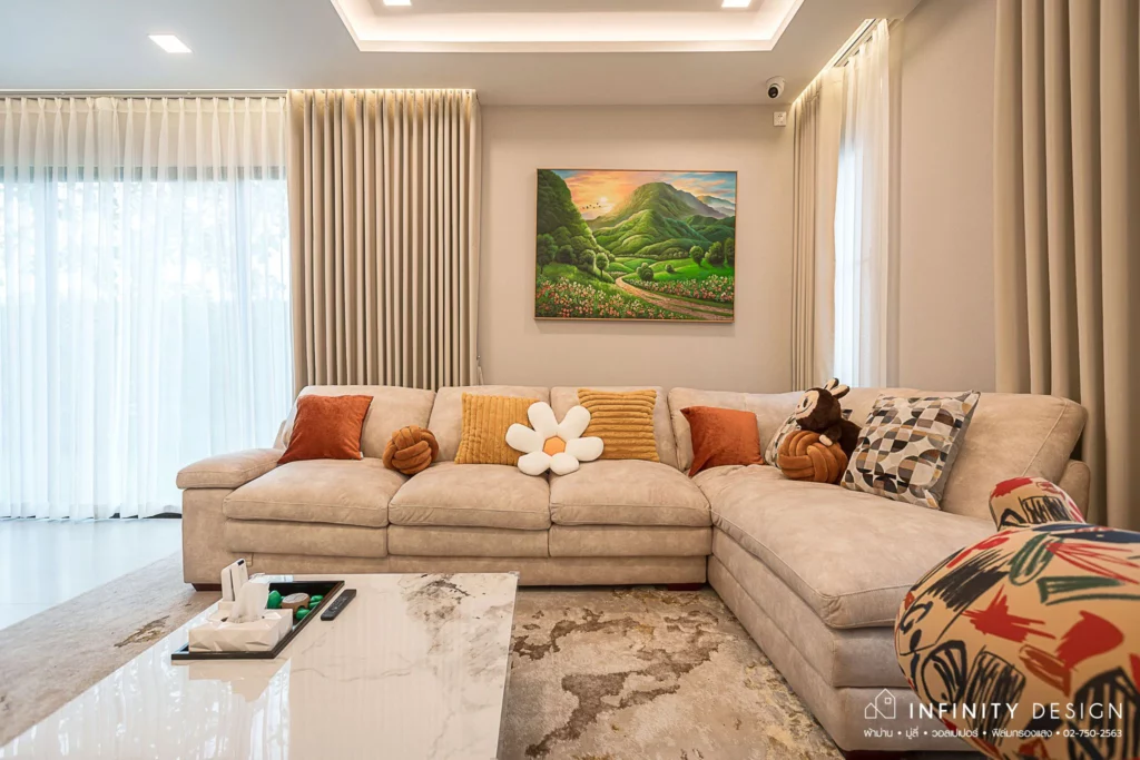 มุมนั่งเล่น ตกแต่งด้วยผ้าม่านลอน @ มัณฑนา บรมฯ-ทวีวัฒนา | Infinity Design มุมนั่งเล่น ตกแต่งด้วยผ้าม่านลอน @ มัณฑนา บรมฯ-ทวีวัฒนา