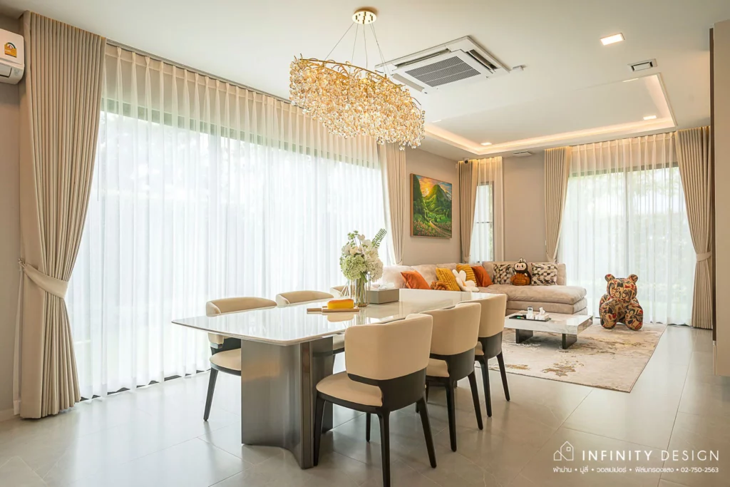 มุมทานข้าวตกแต่งด้วยผ้าม่านสีครีม (เปิดไฟ) @ มัณฑนา บรมฯ-ทวีวัฒนา | Infinity Design มุมทานข้าวตกแต่งด้วยผ้าม่านสีครีม (เปิดไฟ) @ มัณฑนา บรมฯ-ทวีวัฒนา