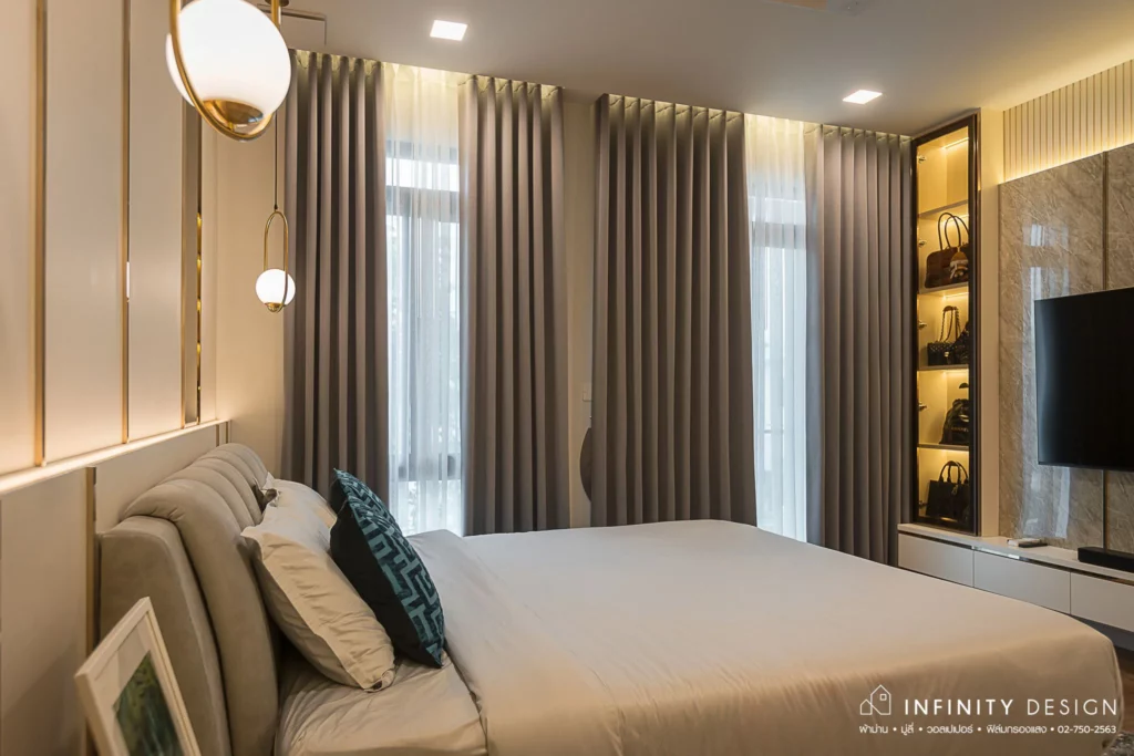 ห้องนอนตกแต่งด้วยผ้าม่าน สีเทา @ มัณฑนา บรมฯ-ทวีวัฒนา | Infinity Design ห้องนอนตกแต่งด้วยผ้าม่าน สีเทา @ มัณฑนา บรมฯ-ทวีวัฒนา